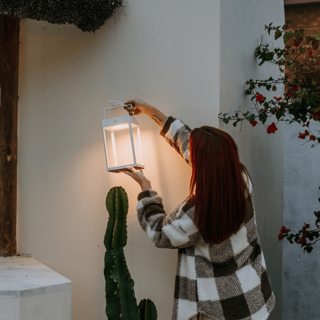Persona con una lanterna in mano accanto a un cactus