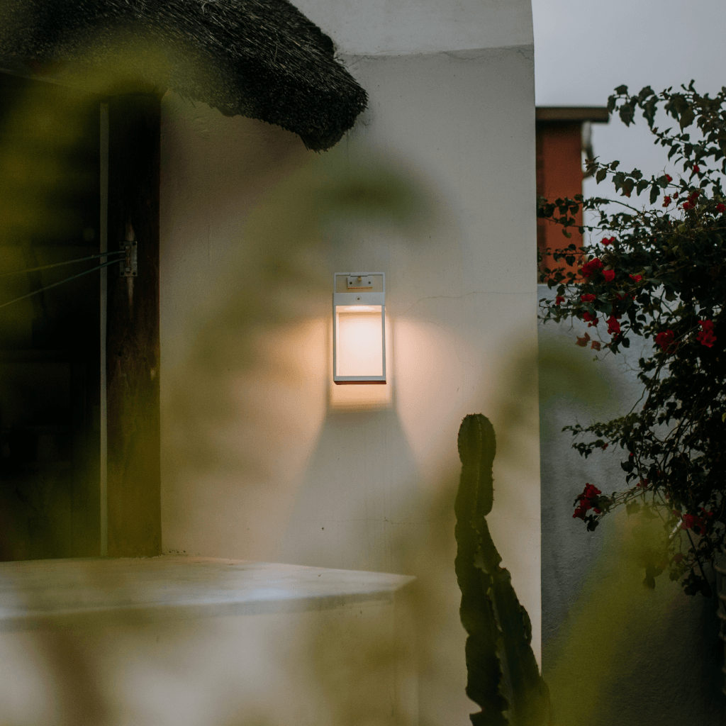 Lampada da esterno a parete sulla facciata di un edificio, con piante e fiori sullo sfondo