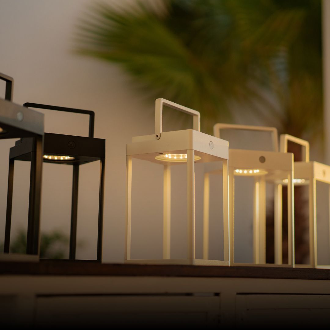 Set of modern outdoor lanterns with a blurred background