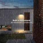 Ambiente esterno con pioggia e applique, terrazza in legno ed esterno di un edificio moderno con la scritta “Costruito per resistere a tutte le condizioni atmosferiche”.
