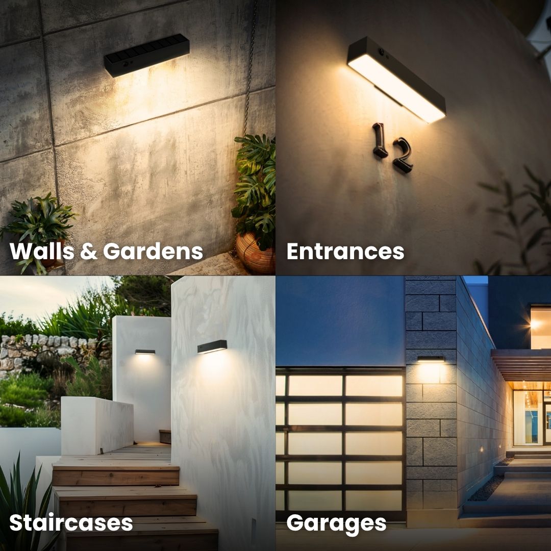 Apparecchi di illuminazione da esterno per pareti, adatti a diversi contesti, tra cui pareti, ingressi, scale e garage.
