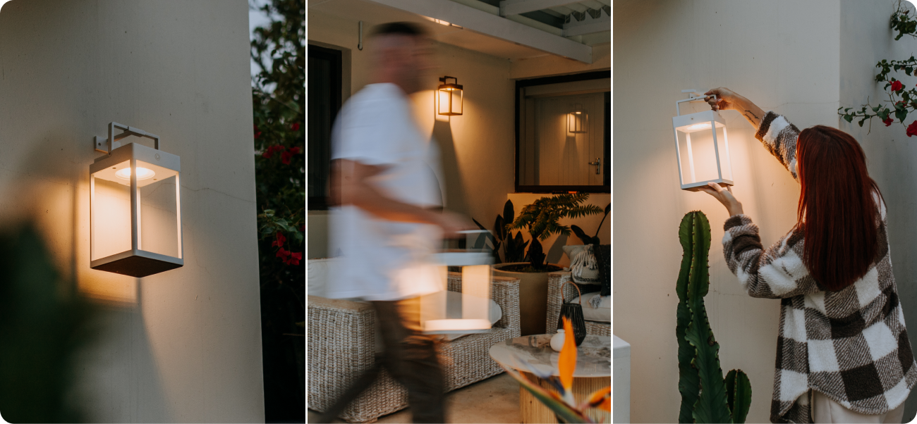 Collage raffigurante una persona con una lanterna in un ambiente domestico